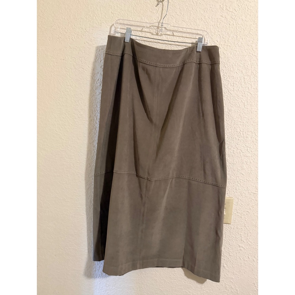 Norton McNaughton Woman Faux Suede Midi‎ Skirt Taupe Brown Whipstitch Plus 16W